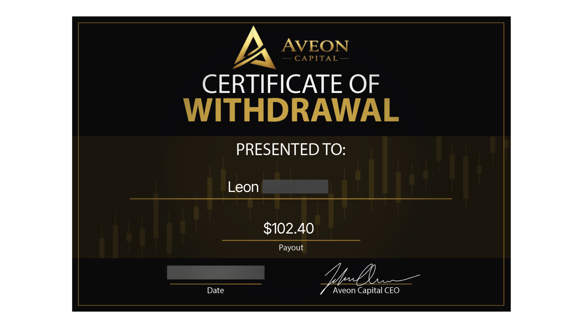 Aveon Capital certificate of withdrawal for Leon — $102.40