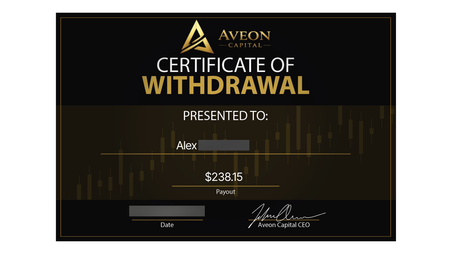Aveon Capital certificate of withdrawal for Alex — $238.15