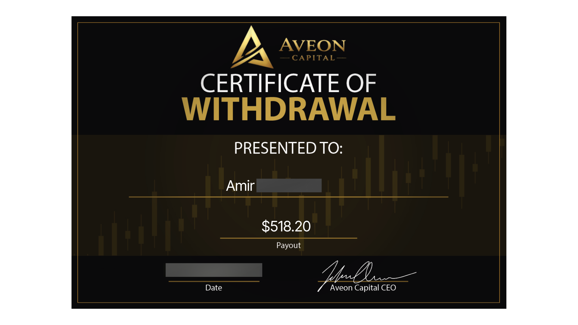 Aveon Capital certificate of withdrawal for Amir — $518.20